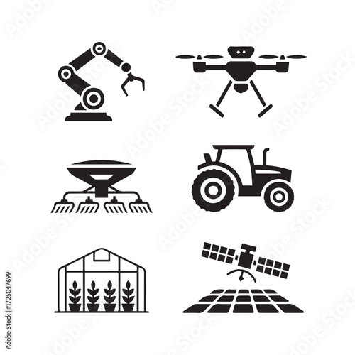 Vector art of collection of agricultural technology icons including a robotic arm, drone, spreader, tractor, greenhouse, and satellite