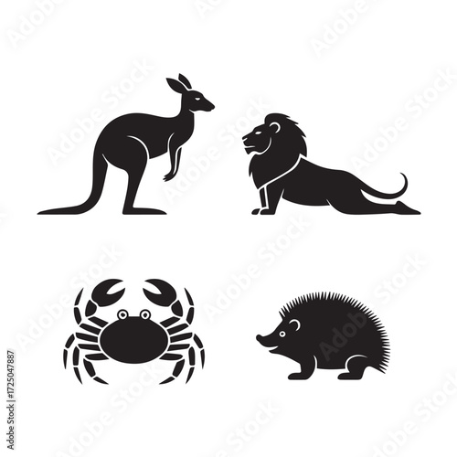 Vector art of collection of four black animal silhouettes including a kangaroo, lion, crab, and hedgehog