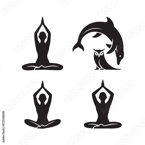 Vector art of collection of four black silhouette icons depicting yoga poses and animals, including a dolphin, owl, and lotus position