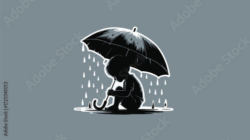 Heartbreaking silhouette of a child under an umbrella in the rain conveying sadness, vulnerability, and emotional depth for impactful storytelling