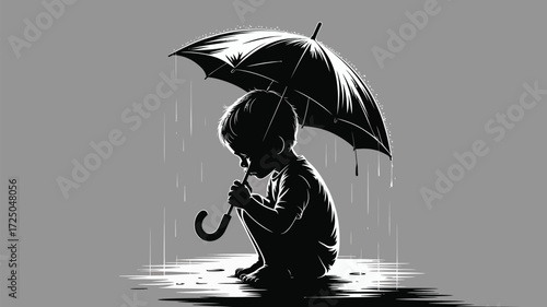 Heartbreaking illustration of a lonely child in the rain under an umbrella, conveying sadness and vulnerability in a minimalist monochrome design
