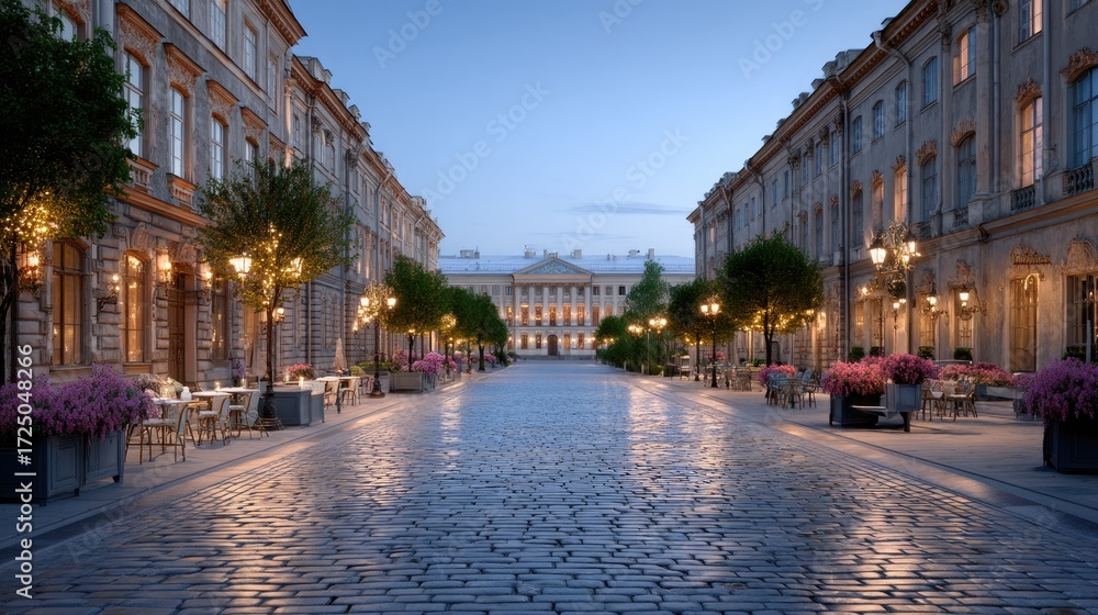 Naklejka premium Historic Architecture at Night with Cinematic Lighting and Empty Cobblestone Street Lined with Trees and Buildings