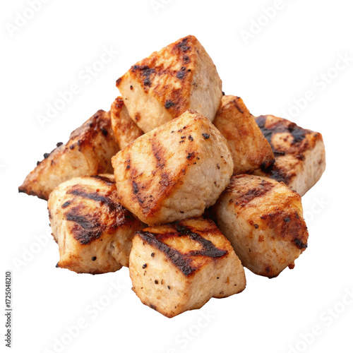 Small chunks of grilled chicken arranged in a pile, cooked food isolated on white background. PNG