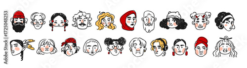 Set of doodle avatars of happy men and women. Outline portraits of diverse people. Heads with funny faces for user profiles. Flat isolated hand drawn vector illustrations on a white background