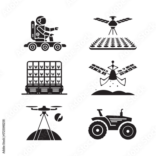 Vector art of collection of futuristic farming and space exploration icons, including astronaut, rover, drone, and smart agriculture technology
