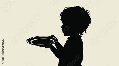 Adorable silhouette of child holding an empty plate, perfect for hunger awareness campaigns or illustrating childhood innocence and needs, impactful design