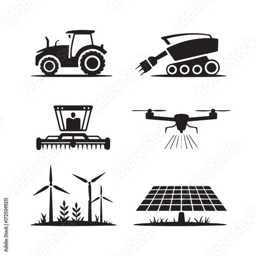 Vector art of collection of six black icons representing modern agriculture technology, including a tractor, combine harvester, drone, wind turbines, and solar panels, isolated on a