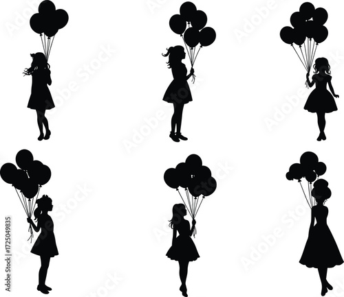 Girl with balloons silhouette, childhood joy, black design, celebration icon, whimsical pose, playful moment, vector art, innocence theme, party graphic, uplifting scene