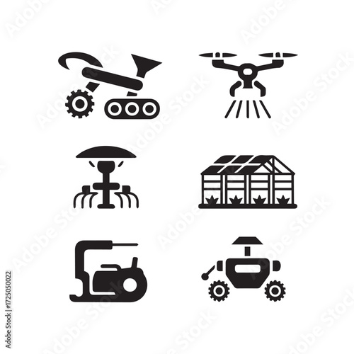 Vector art of group of six black icons depicting advanced agricultural technology, including a rover, drone, sprinkler system, greenhouse, and automated vehicle, isolated on a