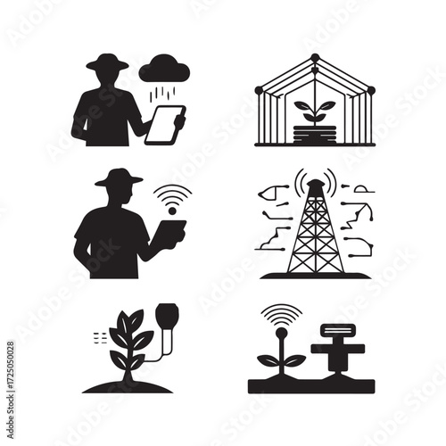 Vector art of icons representing smart farming and precision agriculture, showing farmers using technology, weather data, and wireless communication