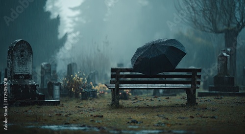 A dark, somber cemetery scene on a rainy day.  A black umbrella rests on a wooden park bench amongst headstones.  Foggy, muted colors