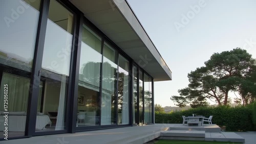 Wallpaper Mural Modern home exterior with large glass windows and patio Torontodigital.ca