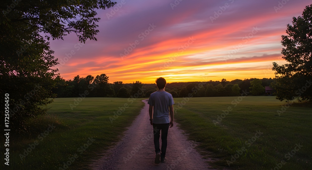 Obraz premium Person walking country road sunset