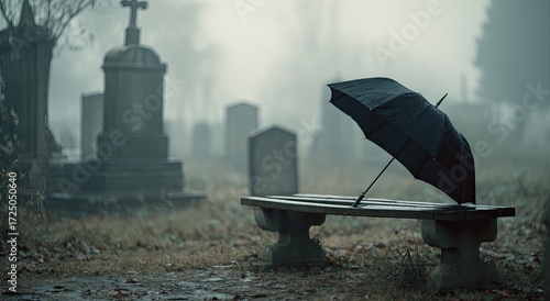Foggy cemetery scene, a black umbrella on a bench