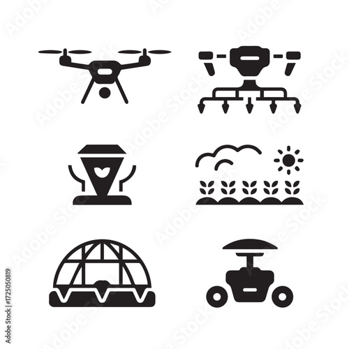Vector art of set of six black icons representing modern agriculture technology, including drones, sprayers, and automated farming equipment