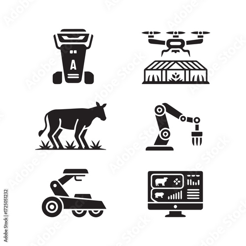 Vector art of set of six black icons representing smart farming technology, including a robot, drone, cow, robotic arm, autonomous vehicle, and computer interface