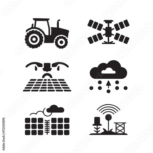 Vector art of set of smart agriculture icons depicting modern farming technologies like a tractor, satellite, drone, and weather monitoring