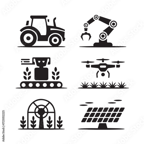 Vector art of set of smart farming icons depicting automated machinery, drones, and solar power for efficient agricultural practices