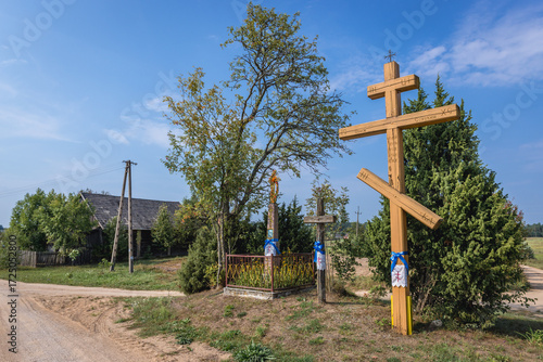 Roadside orthodox crosses in Soce, famous ethnographic village in Podlasie region of Poland