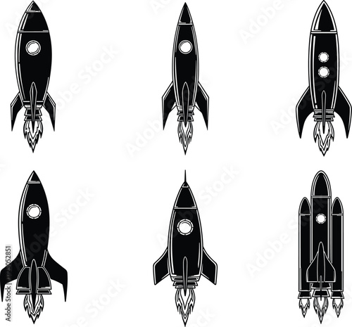 Rocket silhouette set, space launch vector, black design, flame propulsion, spacecraft icon, astronaut theme, vertical flight, science graphic, exploration tool, tech shape