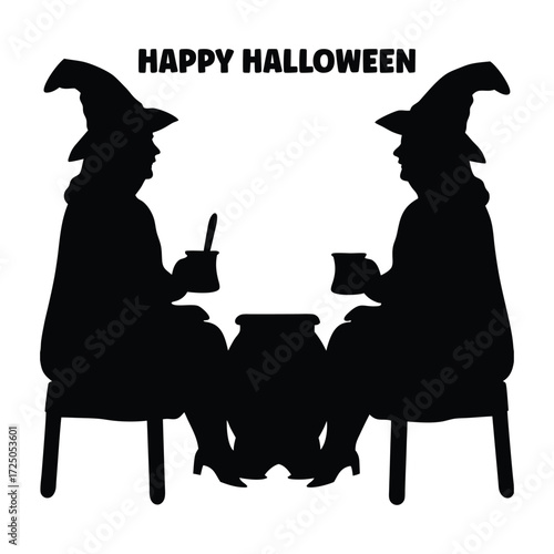 Silhouette shows two witches stirring cauldron during Halloween event on transparent background