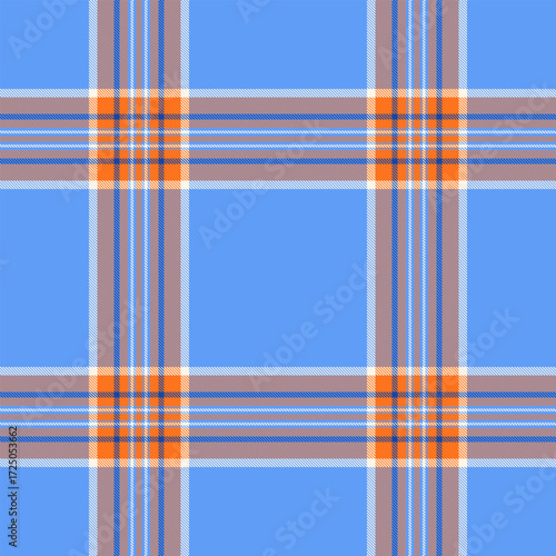 Stylish seamless plaid pattern in light blue, orange and grey. Classic tartan design. Great for fabric, textiles, backgrounds, and digital projects.