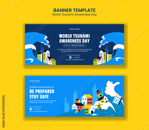 Horizontal Banner Illustration for World Tsunami Awareness Day in Cartoon Templates Background