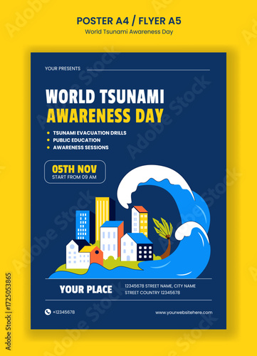 Flyer Design Illustration for World Tsunami Awareness Day with Flat Cartoon Templates Background