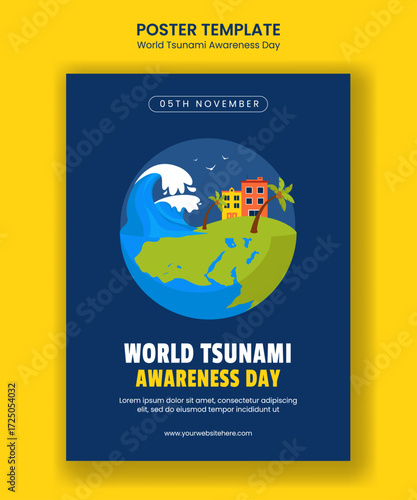 Vertical Poster Illustration of World Tsunami Awareness Day in Cartoon Templates Background