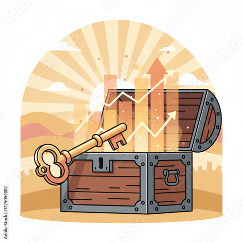 Vector art of a key unlocking a treasure chest that is overflowing with glowing bar charts and upward arrows instead of gold. Warm, optimistic color scheme