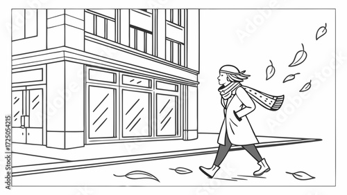 A young woman walks down a city street on a windy autumn day, with leaves blowing around her.