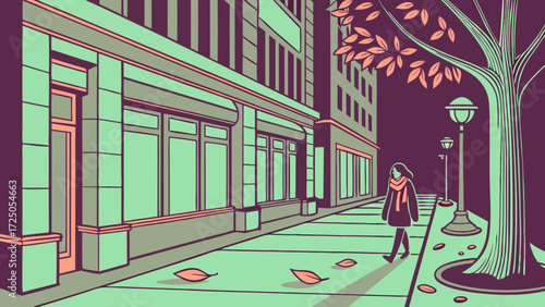 Illustration of a woman walking on a city street at night in autumn.