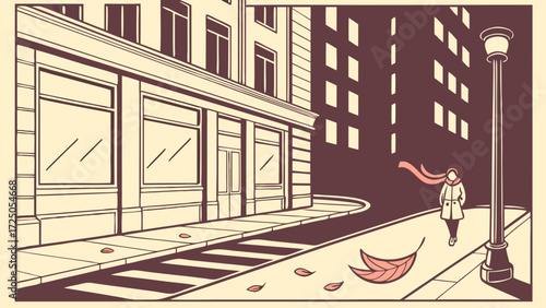 A solitary figure walks down a deserted city street on a windy autumn night, with leaves blowing past.
