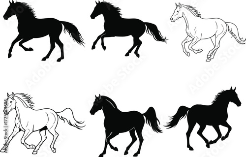 Running horse silhouette, galloping pose, black and white design, animal motion, equine vector, dynamic shape, nature icon, wild graphic, movement study, mane flow