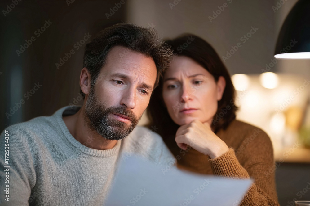 Obraz premium Worried couple reviewing paperwork. This image conveys concern, financial issues, decisionmaking, and problemsolving. Ideal for illustrating articles on stress, finance, and family.