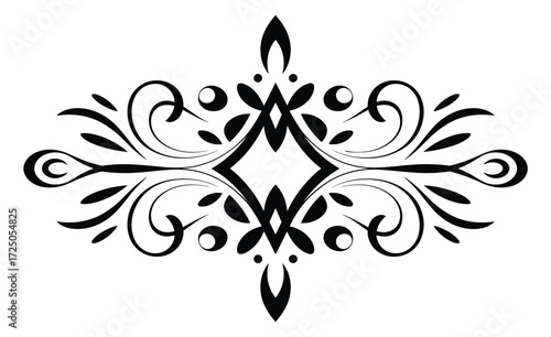 Black Decorative Swirl and Leaf Flourish Element on White Background Keywords: decorative