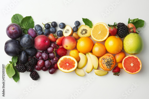 Colorful assortment of fresh fruits including grapes, oranges, bananas, berries, and apples arranged on white background, evoking sense of health and vitality