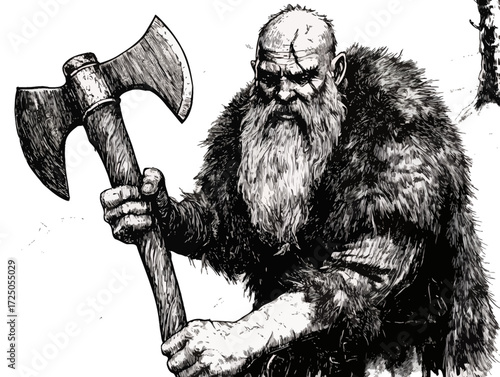 Old man with axe sitting in nature sketch illustration with wildlife and horse