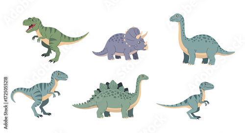 A collection of various illustrated dinosaurs, each with distinct features and poses, presented on a white background.