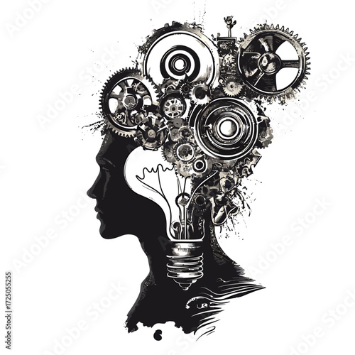 Human head silhouette with gears representing thinking and creativity