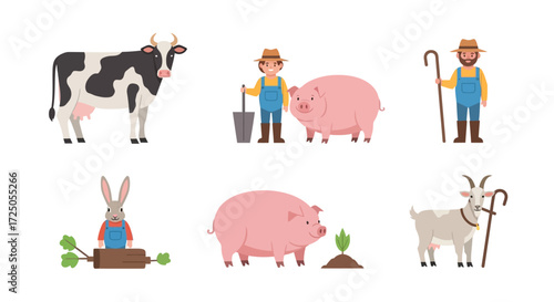 Cartoon illustration of farm animals (cow, pig, goat, rabbit) and farmers in overalls with tools, set against a white background.