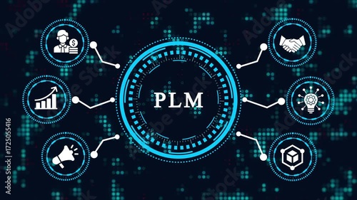 Plm concept with icons around it on a dark blue background with a digital pattern, representing product lifecycle management and its various aspects and components