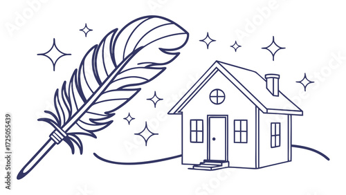 Whimsical line art illustration featuring a large quill feather next to a small, cozy house with sparkling elements.
