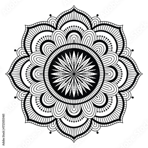 Detailed black and white mandala with layered petal patterns symmetrical