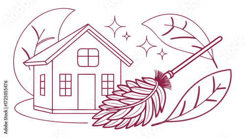 A line art illustration of a house being cleaned with a feather duster, surrounded by leaves and sparkles, representing a clean and healthy home environment.