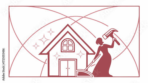 A woman with a hammer and dustpan stands beside a sparkling house, symbolizing home improvement, cleaning, and renovation.
