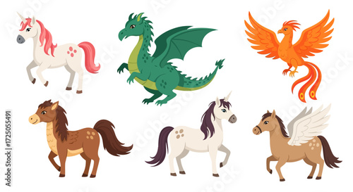 Mythical creatures collection: unicorn, dragon, phoenix, and winged horses.