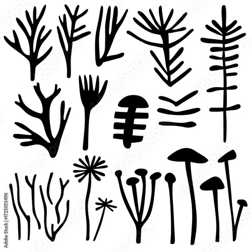 Hand drawn vector illustration of flowers plants and hand prints with bamboo leaves and nature elements