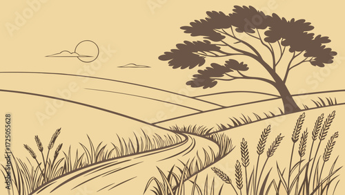 A stylized line drawing of a rural landscape with a winding path through rolling hills, a solitary tree, and a distant sun.