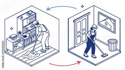 Isometric line art illustration of professional cleaners mopping floors in two different rooms, depicting a cleaning service cycle.
